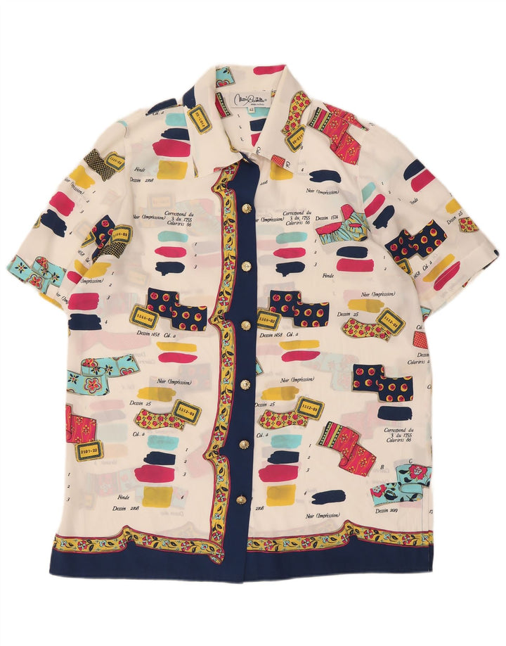 Camisa feminina vintage de manga curta com padrão abstrato IT 42 médio branco