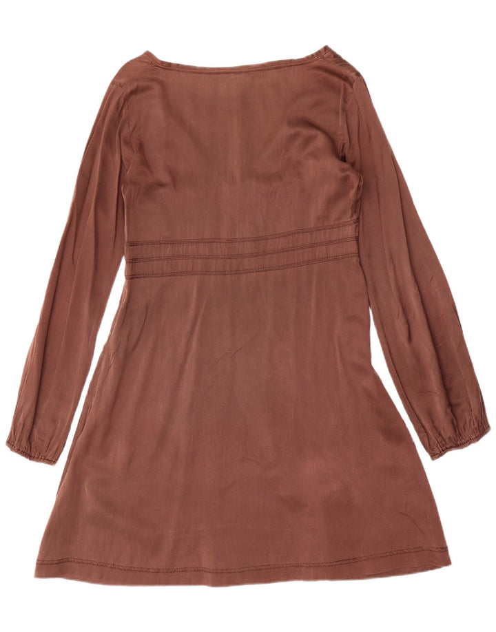 Vestido feminino Replay com estampa de manga comprida evasê Reino Unido 12 seda marrom médio