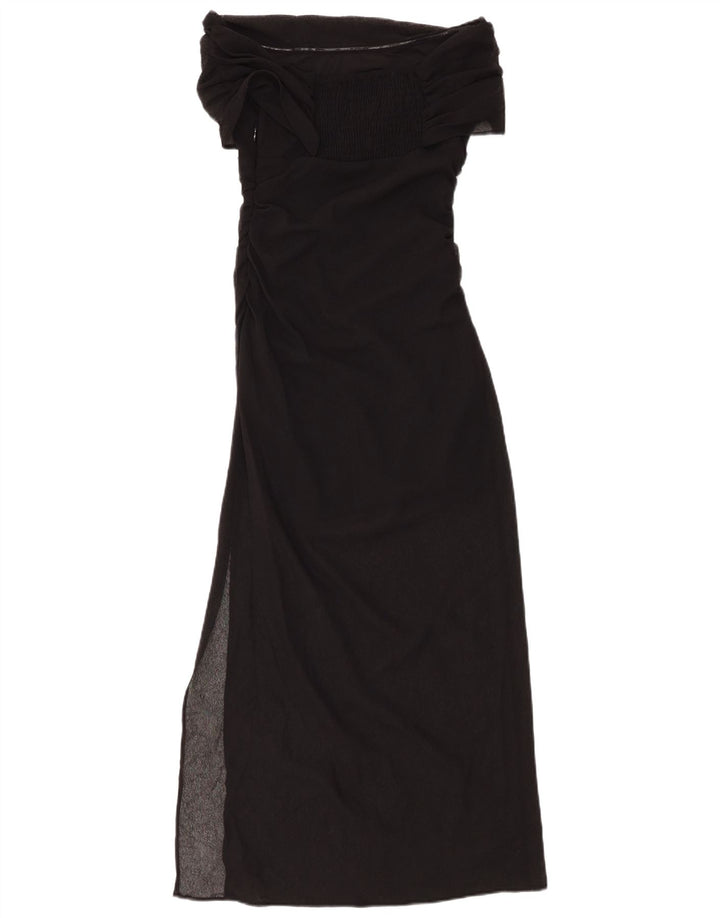 Vestido maxi feminino ZARA com ombros de fora UK 8 pequeno poliéster preto