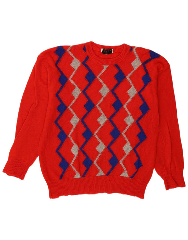 Suéter vintage masculino com gola redonda grande vermelho Argyle/Diamante