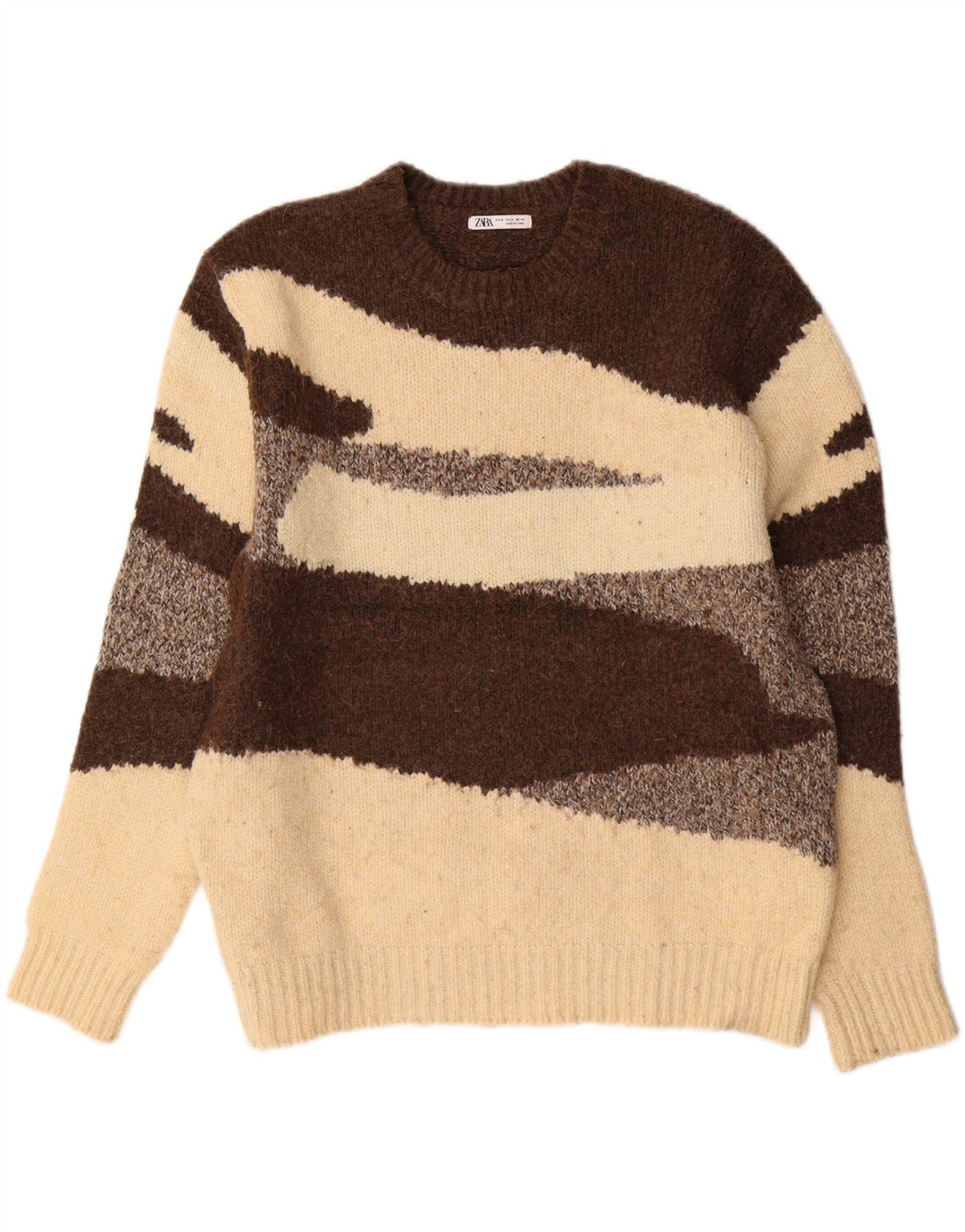 Zara Suéter masculino com gola redonda e poliéster colorblock marrom médio