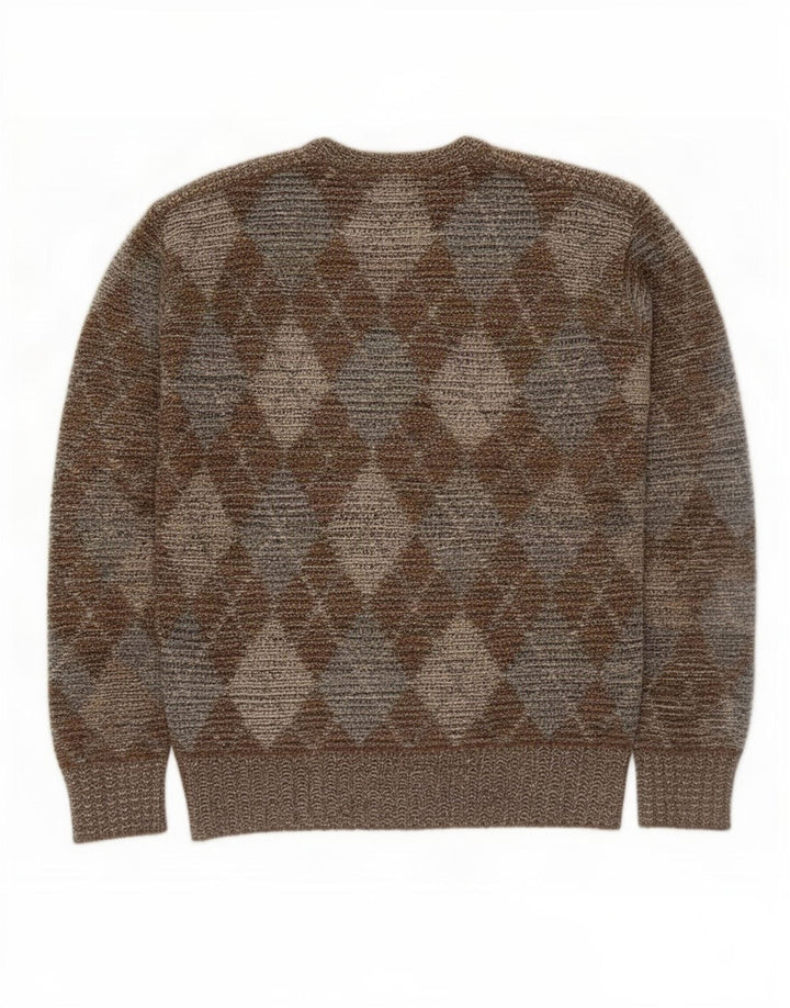 Suéter vintage masculino com gola redonda, médio caqui argyle/lã diamante