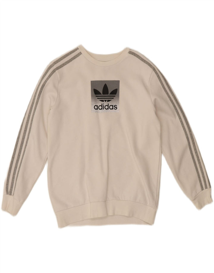 ADIDAS Girls Graphic Sweatshirt Jumper 13-14 Years White Cotton Vintage Adidas and Second-Hand Adidas from Messina Hembry 