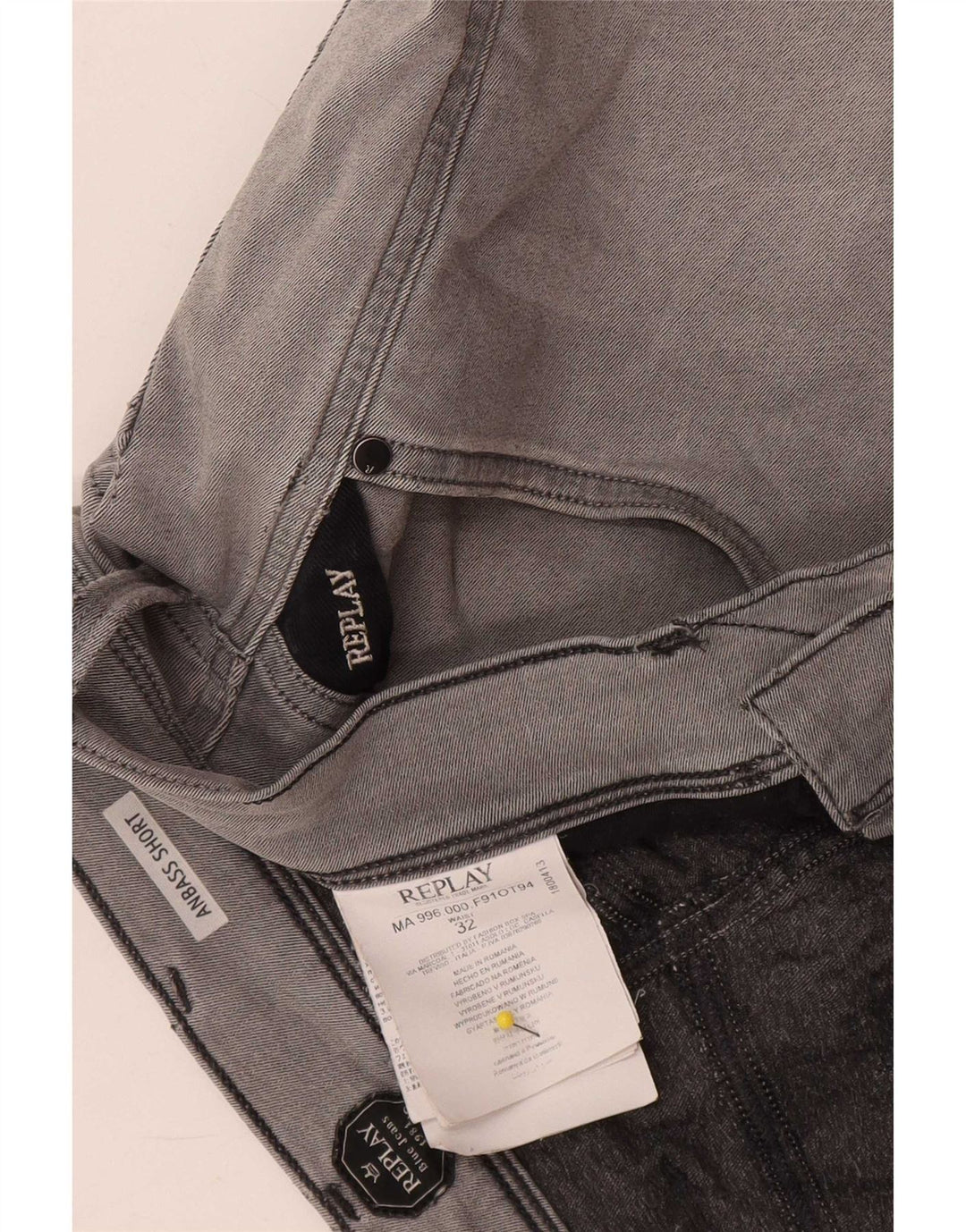 Replay Mens Anbass Denim Shorts W32 Médio Algodão Cinza
