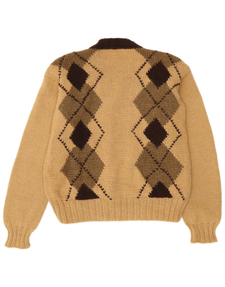 Suéter Cardigan Feminino Vintage UK 14 Médio Bege Argyle/Diamante