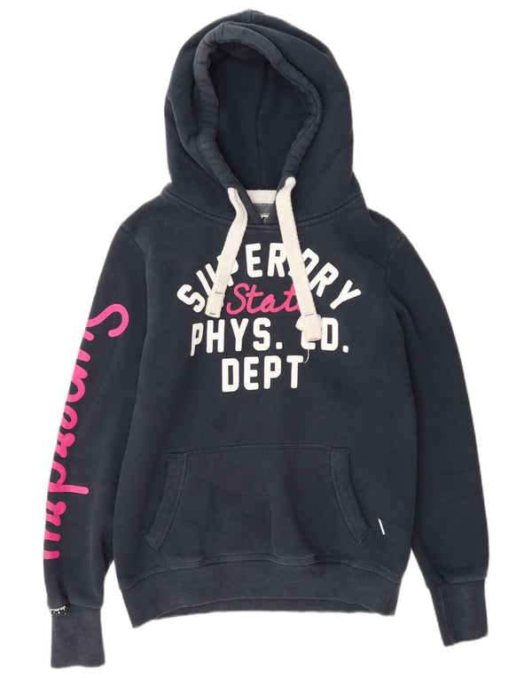 Superdry feminino gráfico moletom com capuz UK 14 médio algodão azul marinho