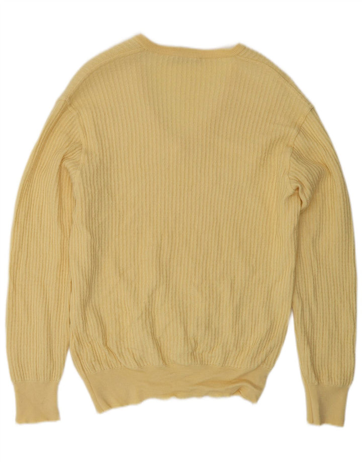 Suéter masculino vintage com decote em V de lã amarela média