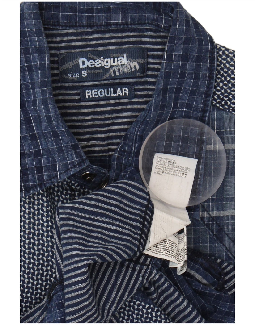 DESIGUAL Camiseta masculina regular fit gráfica pequena azul patchwork algodão