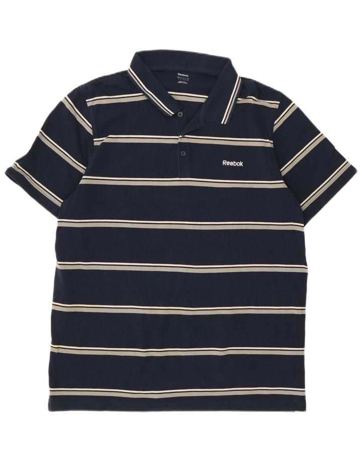 Camisa polo masculina Reebok grande algodão listrado azul marinho
