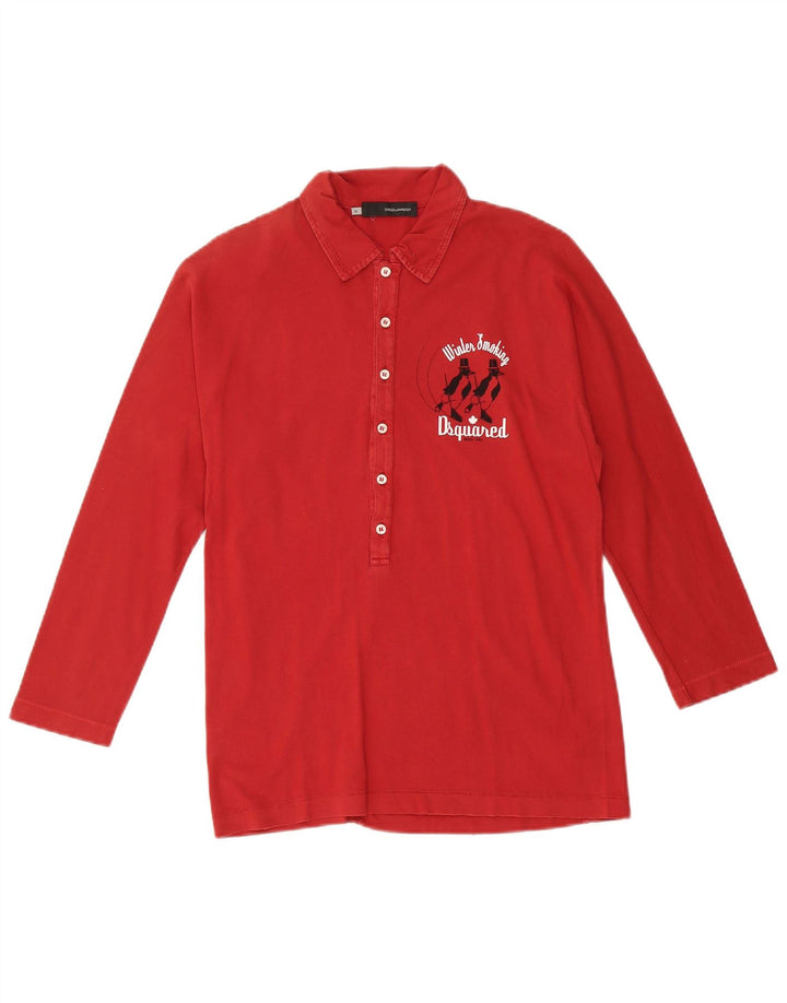 DSQUARED2 Camisa polo feminina gráfica de manga comprida Reino Unido 12 algodão vermelho médio