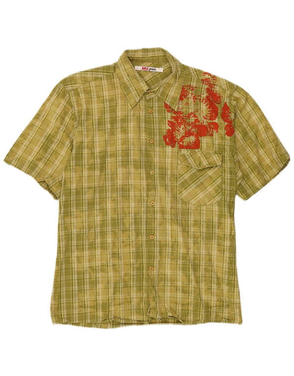 Rifle Mens Acid Wash Camisa de manga curta Grande algodão xadrez verde