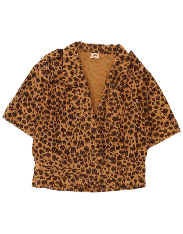 Blusa feminina vintage de manga curta UK 14 marrom médio estampa animal