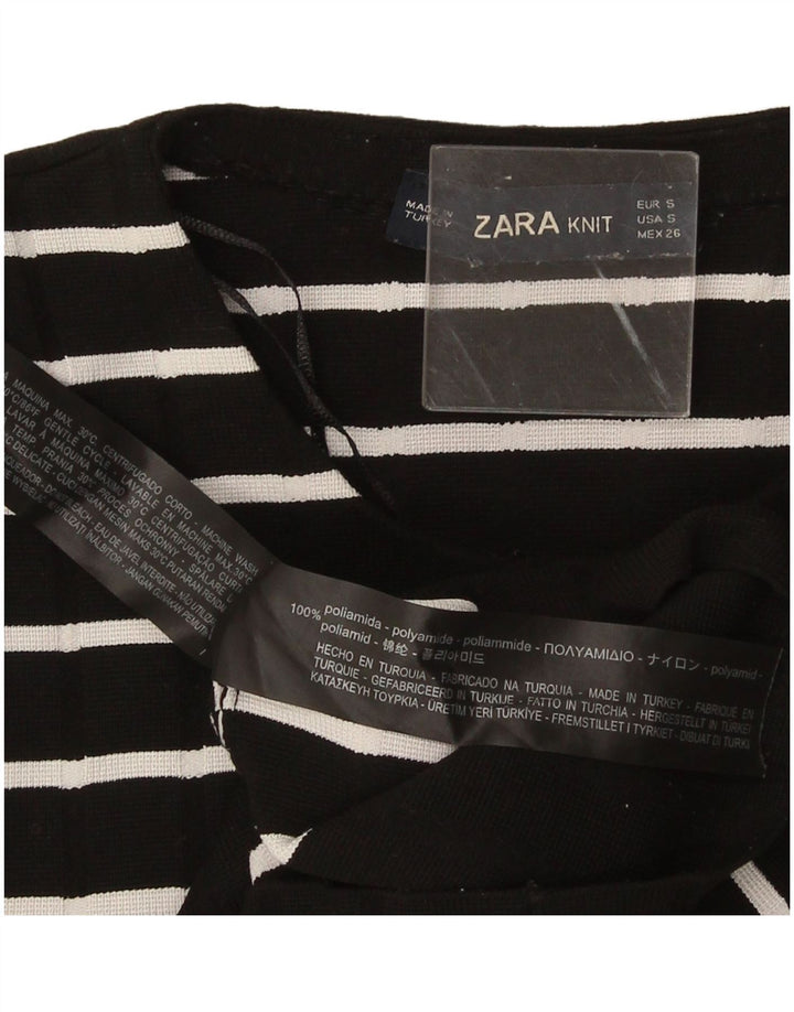Zara Womens Crop Top Manga Longa UK 10 Pequena Poliamida Listrada Preta