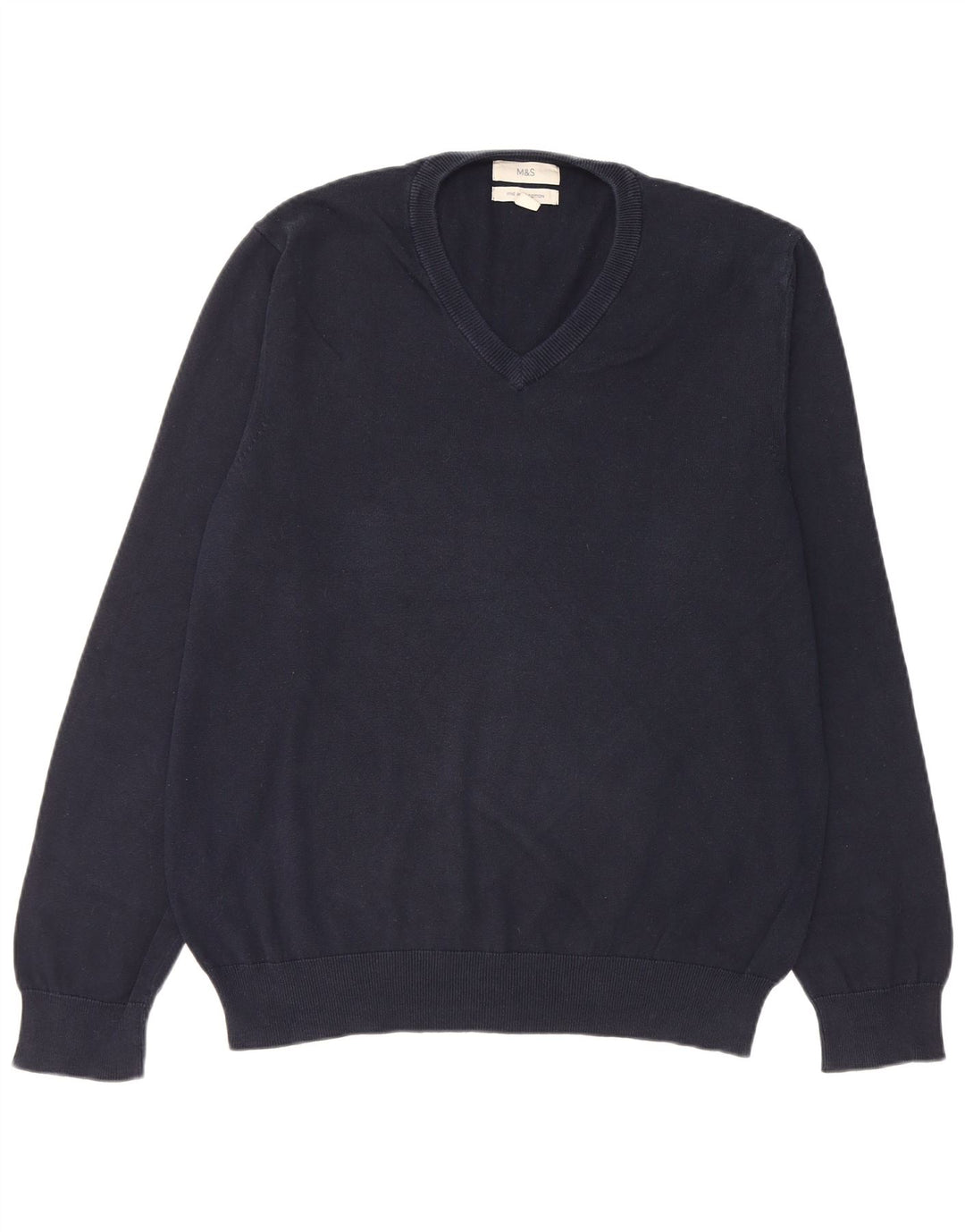 Suéter masculino Marks & Spencer com decote em V grande algodão azul marinho