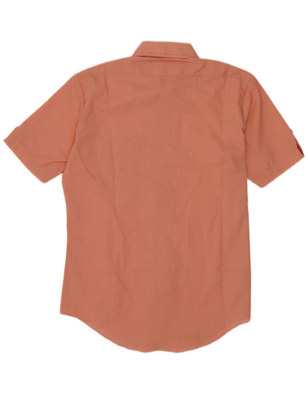 Camisa masculina vintage de manga curta tamanho 15 1/2 poliéster rosa médio