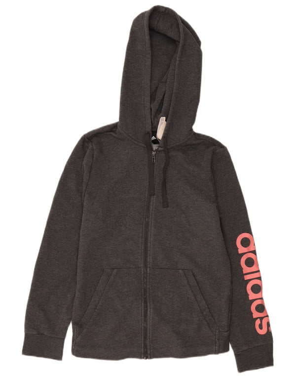 Suéter Adidas feminino com capuz e zíper gráfico UK 12/14 algodão cinza médio