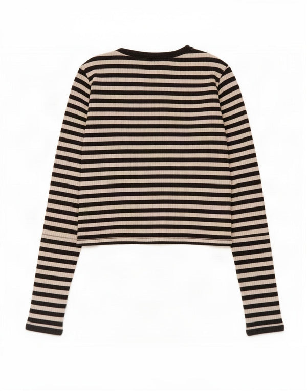 Zara Womens Crop Top Manga Longa Reino Unido 8 Pequeno Algodão Listrado Preto