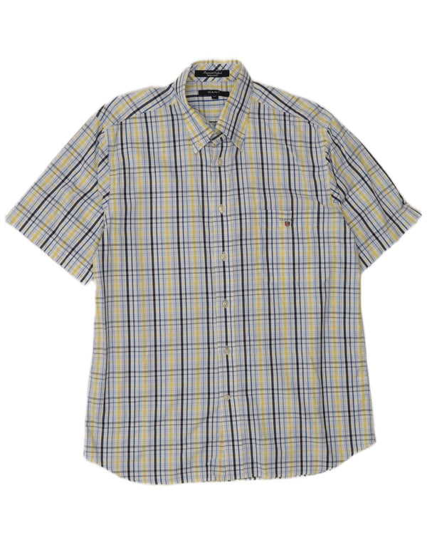 Camisa masculina Gant manga curta regular fit algodão xadrez azul médio