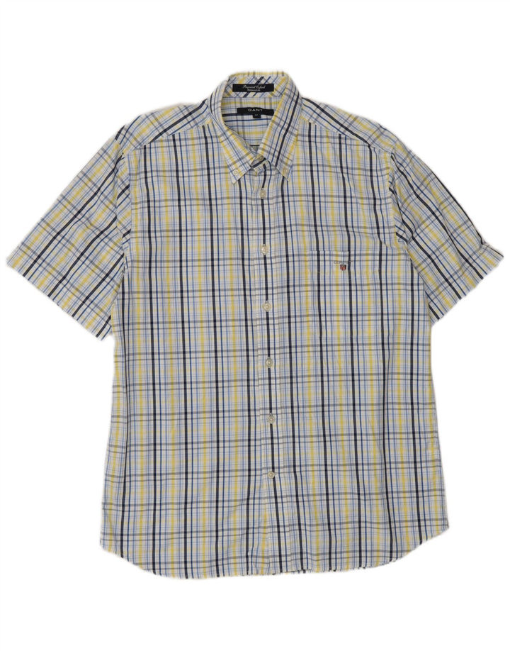 Camisa masculina Gant manga curta regular fit algodão xadrez azul médio
