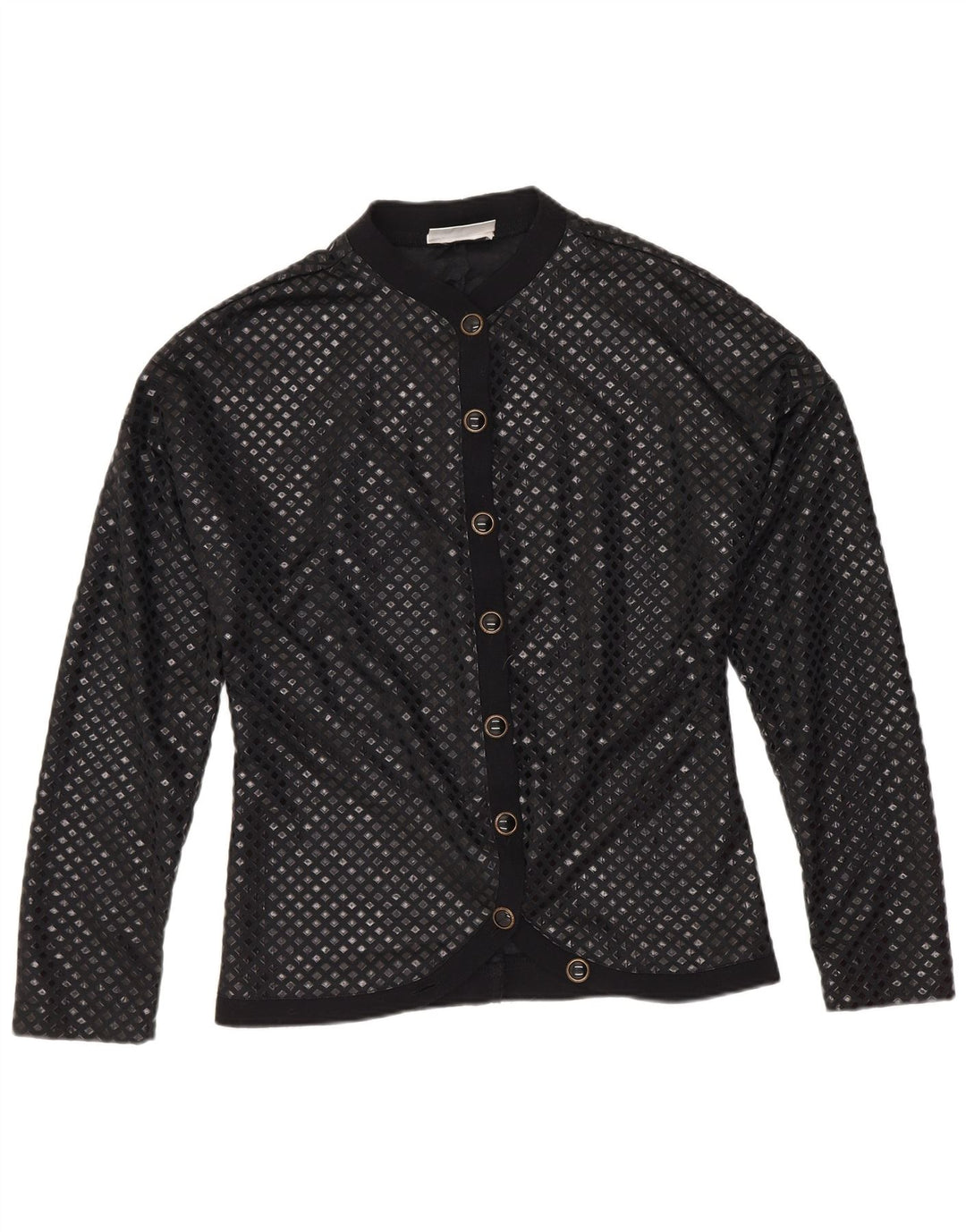 Blusa feminina vintage UK 12 poliamida geométrica preta média