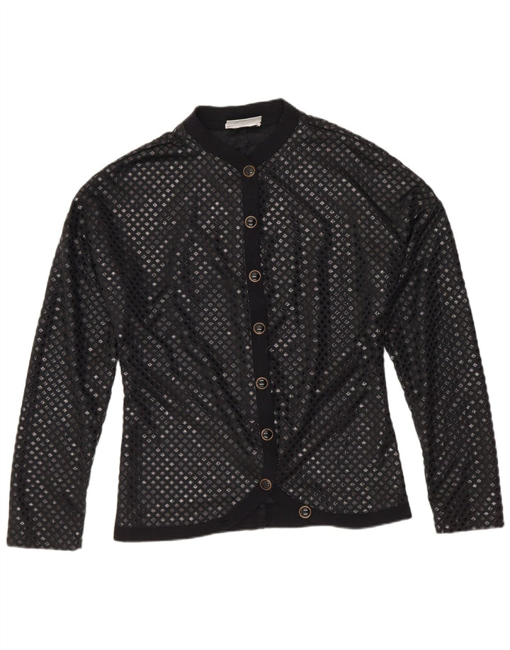 Blusa feminina vintage UK 12 poliamida geométrica preta média