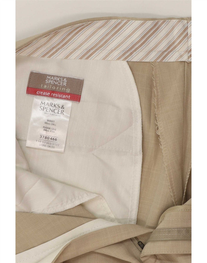 Calça masculina de terno reto Marks & Spencer W34 L28 poliéster bege