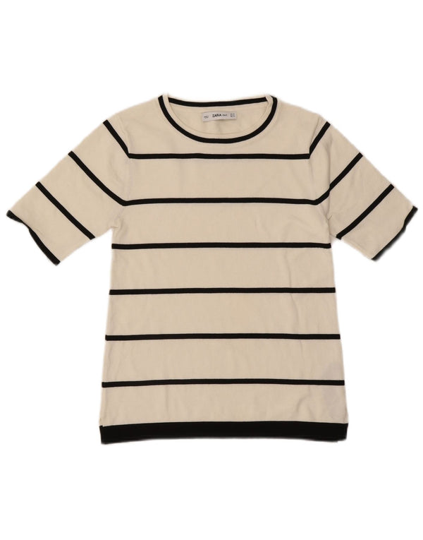 Camiseta feminina Zara UK 12 viscose listrada branca média