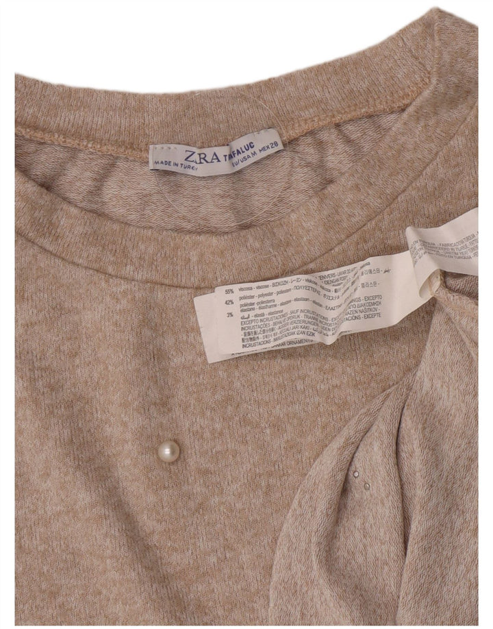 Zara blusa feminina manga 3/4 top UK 14 viscose manchada bege médio