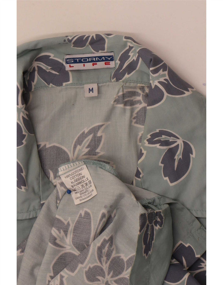 Camisa masculina vintage de manga curta algodão floral azul médio
