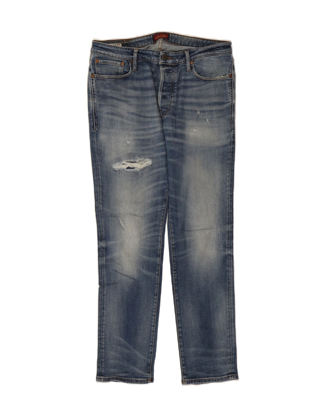 JACK & JONES Mens Distressed Slim Jeans W34 L32 Blue Cotton Vintage Jack & Jones and Second-Hand Jack & Jones from Messina Hembry 