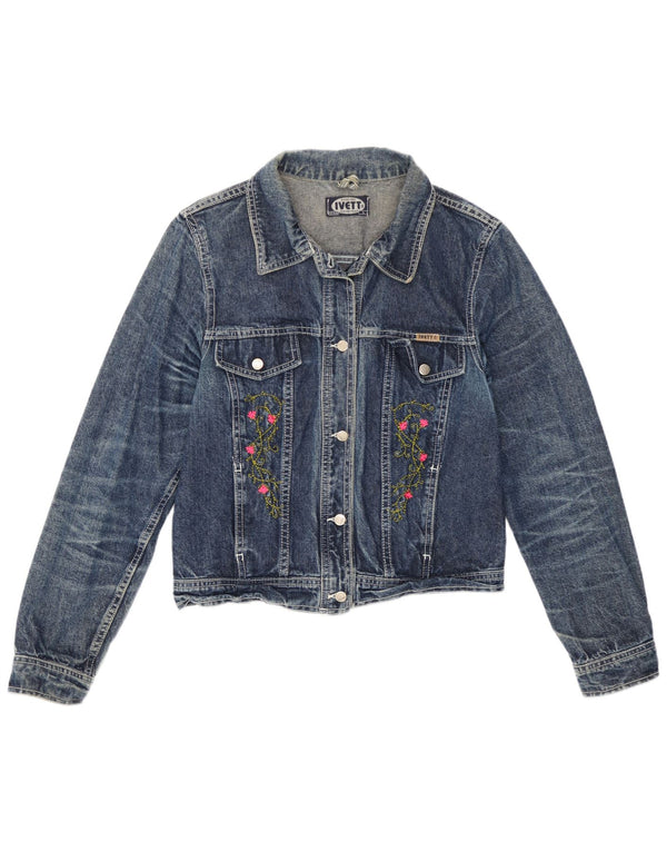 Jaqueta jeans feminina vintage Reino Unido 14 grande azul floral
