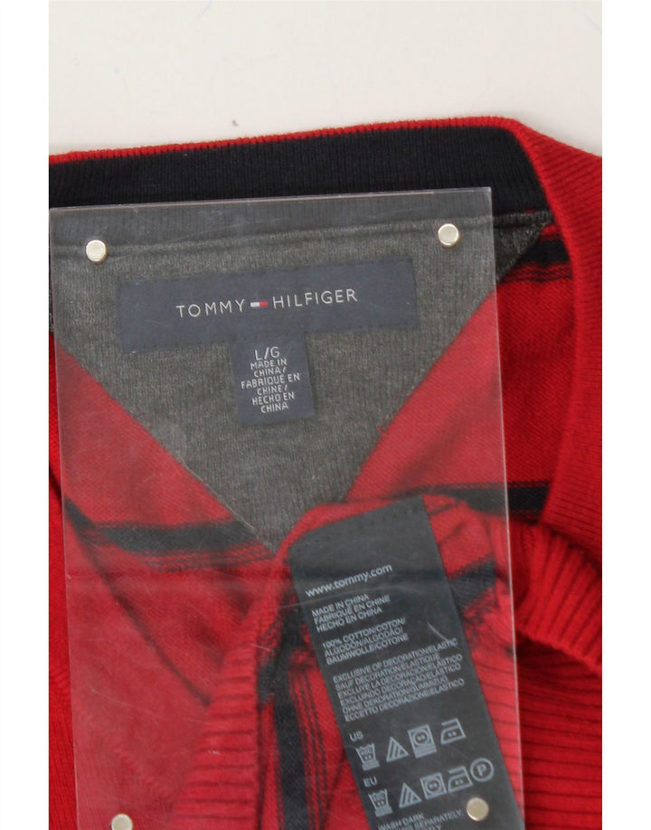 TOMMY HILFIGER Mens V-Neck Jumper Sweater Large Red Striped Cotton Vintage Tommy Hilfiger and Second-Hand Tommy Hilfiger from Messina Hembry 