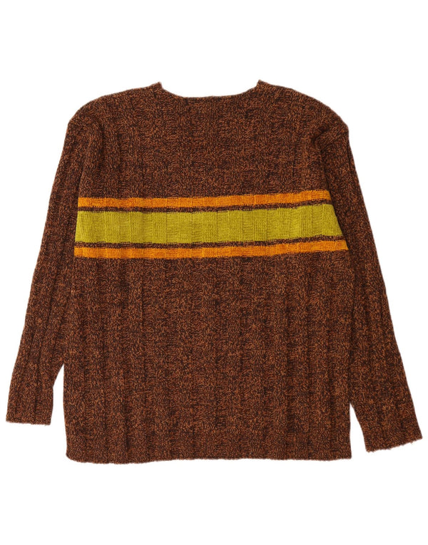 Suéter vintage masculino com decote em V grande lã colorblock marrom