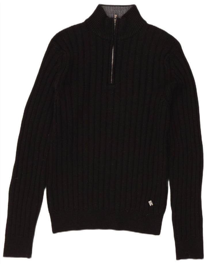 Suéter masculino Rifle com zíper e gola alta, lã Merino preta média