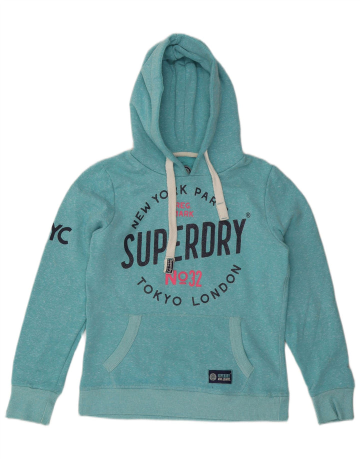 SUPERDRY moletom com capuz feminino London Graphic UK 10 pequeno azul manchado