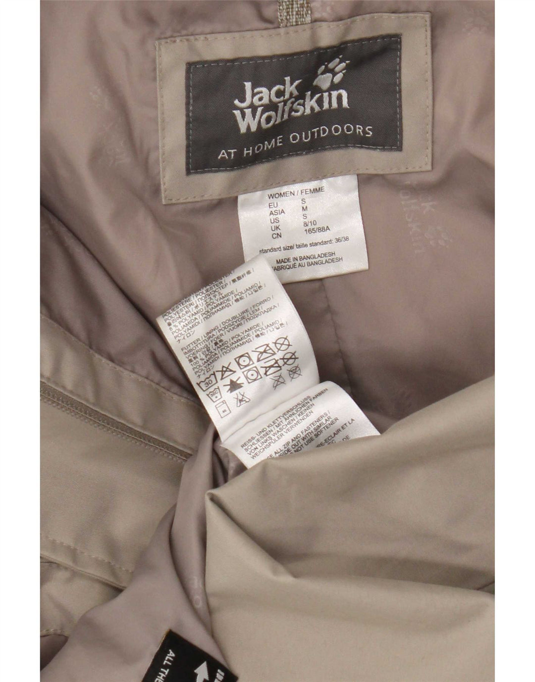 Casaco impermeável feminino com capuz Jack Wolfskin Reino Unido 8/10 poliéster bege pequeno
