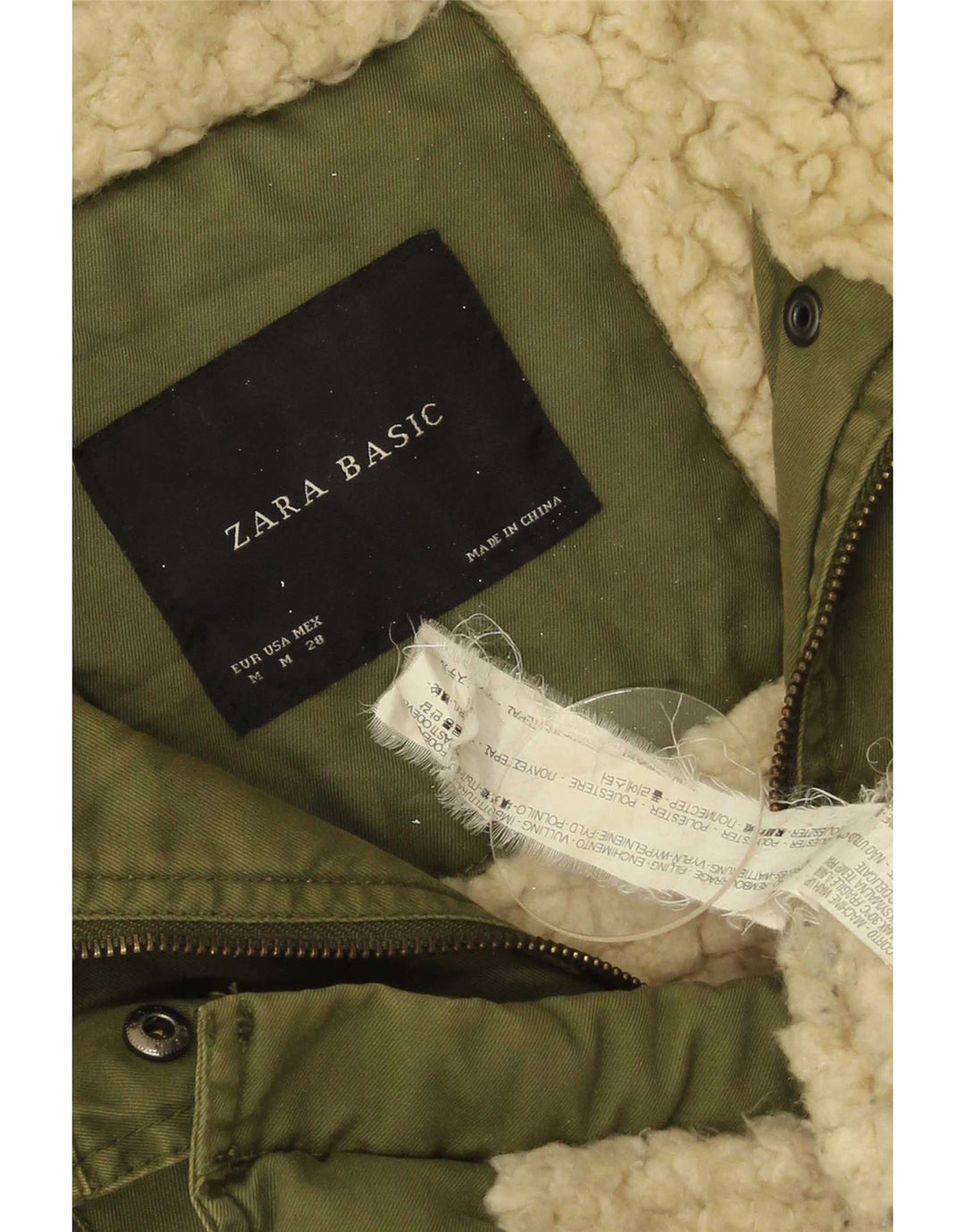 Jaqueta parka feminina com capuz Zara UK 14 poliéster cáqui médio