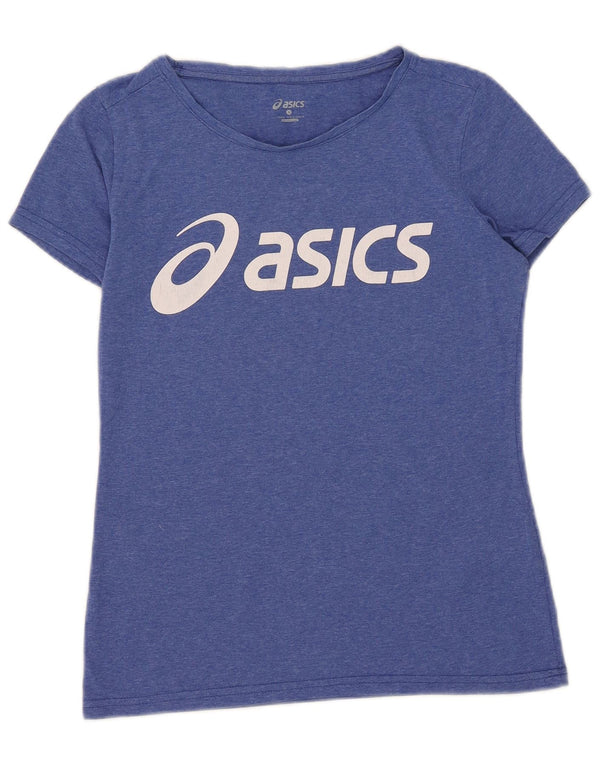 Camiseta feminina Asics Graphic UK 10 pequeno algodão manchado azul