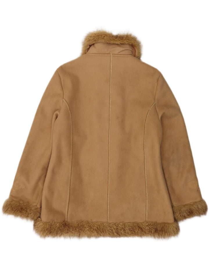 Jaqueta Sherpa aberta feminina vintage Reino Unido 14 poliéster bege grande