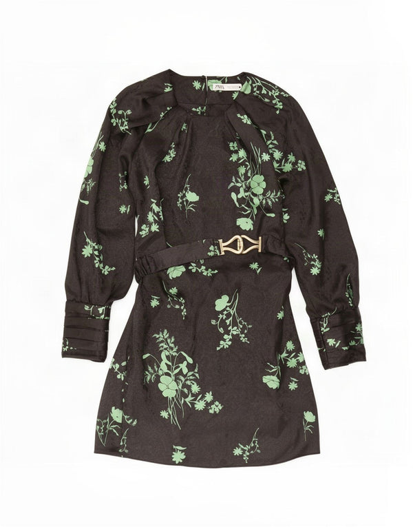 Vestido feminino Zara manga comprida evasê Reino Unido 12 poliéster floral preto médio