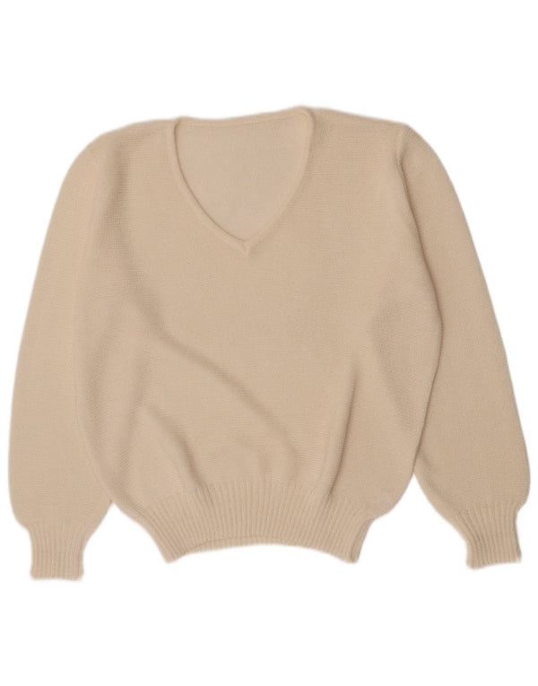 Suéter feminino vintage de ajuste regular com decote em V Reino Unido 10 pequeno acrílico branco