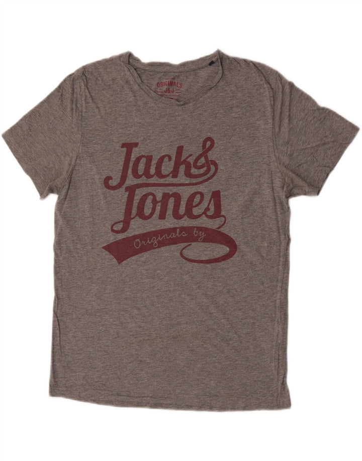 Camiseta masculina gráfica Jack & Jones Top algodão manchado cinza médio
