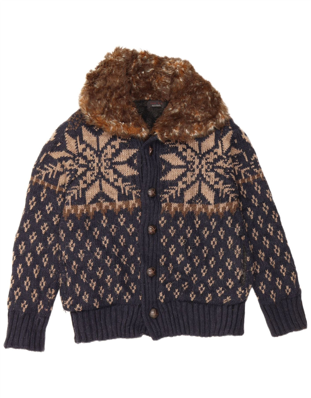 Suéter cardigã masculino Zara médio azul marinho Fair Isle acrílico
