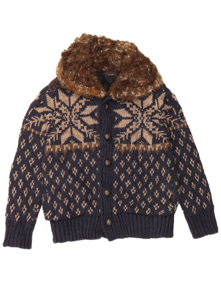 Suéter cardigã masculino Zara médio azul marinho Fair Isle acrílico