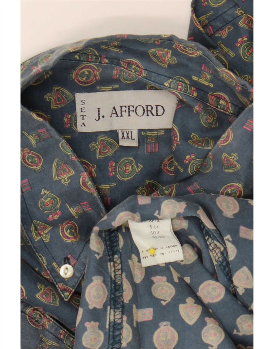 Vintage masculino abstrato padrão camisa 2XL seda geométrica azul
