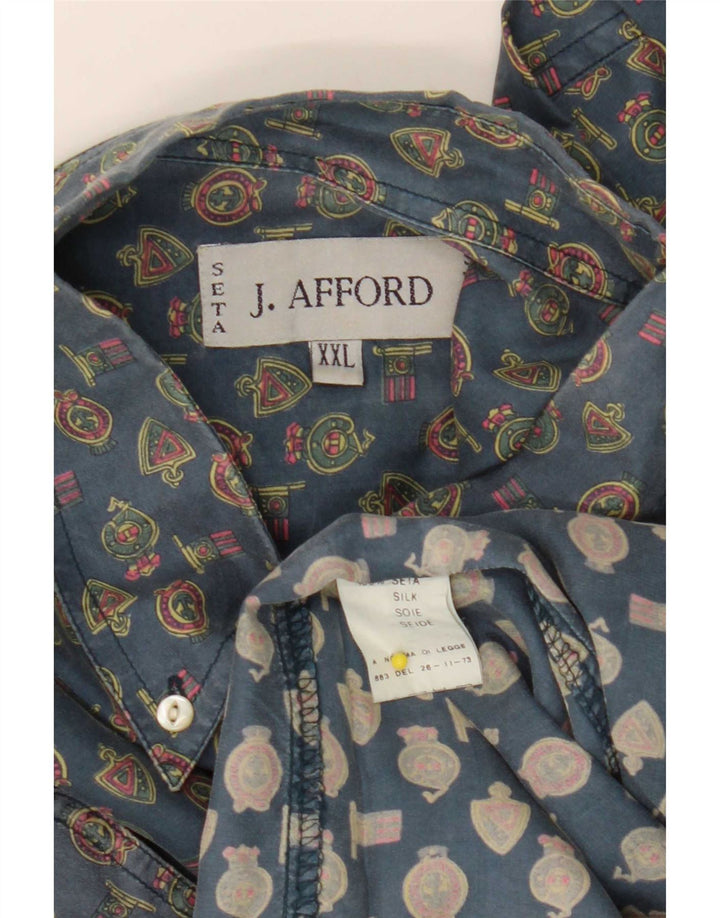 Vintage masculino abstrato padrão camisa 2XL seda geométrica azul