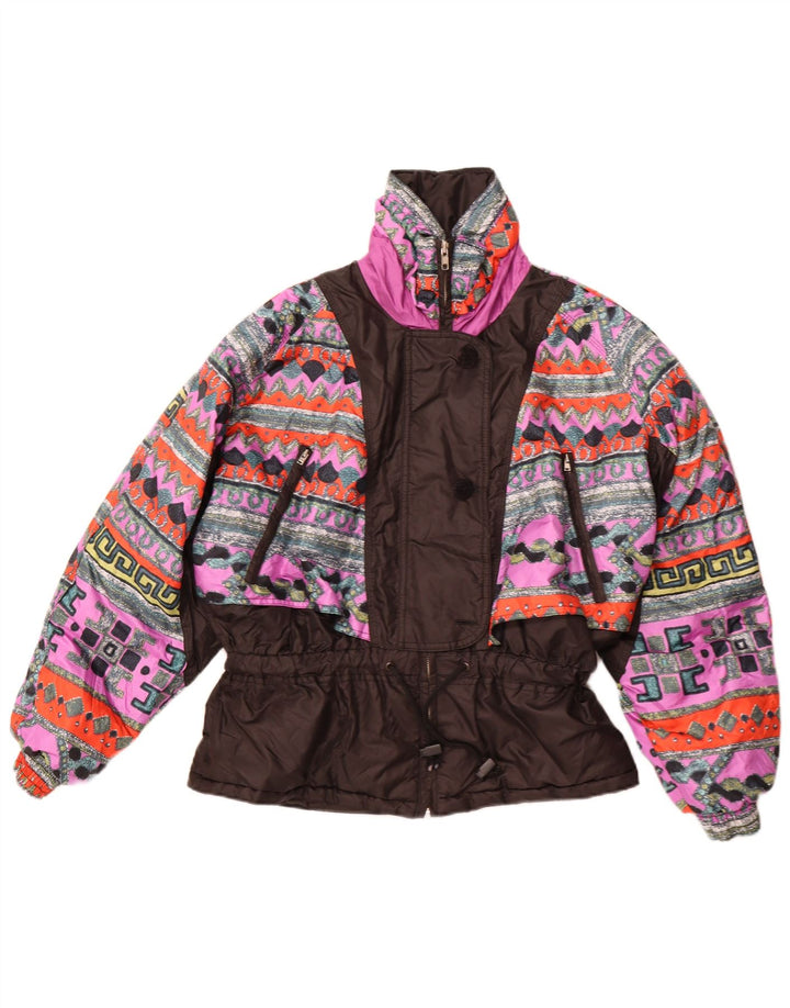 Jaqueta corta-vento feminina vintage UE 42 grande poliéster geométrico preto