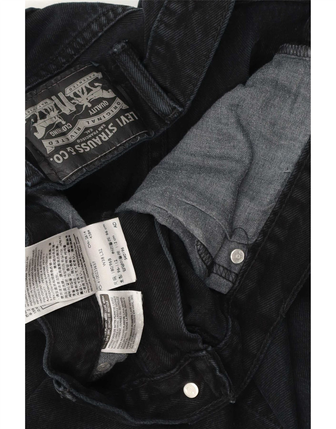 Calça jeans reta masculina Levi's desgastada W38 L32 algodão preto