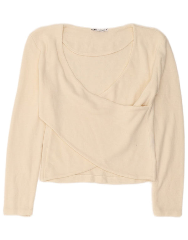 Zara blusa feminina cropped manga comprida top UK 10 pequena off white viscose