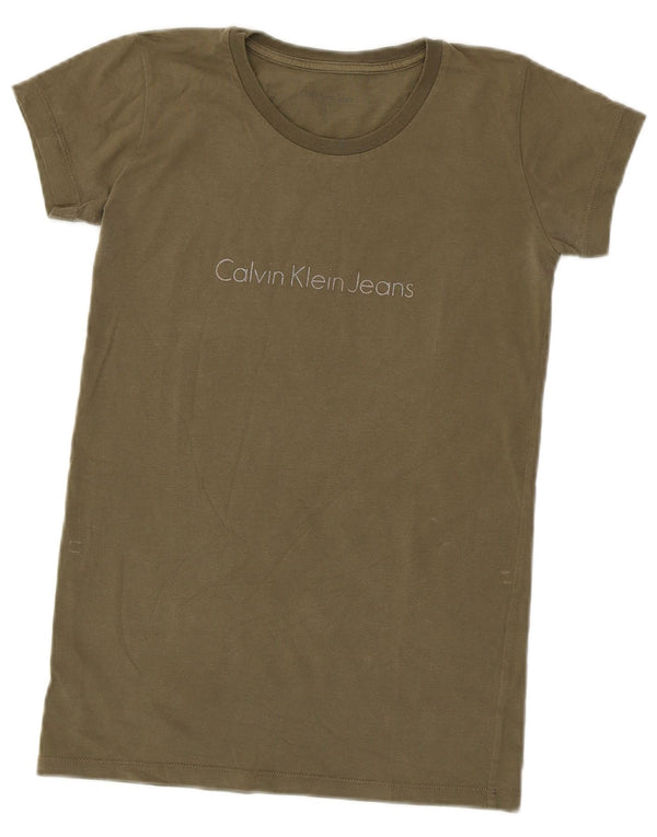 Calvin Klein Jeans Camiseta feminina gráfica Top Reino Unido 10 Pequeno Caqui